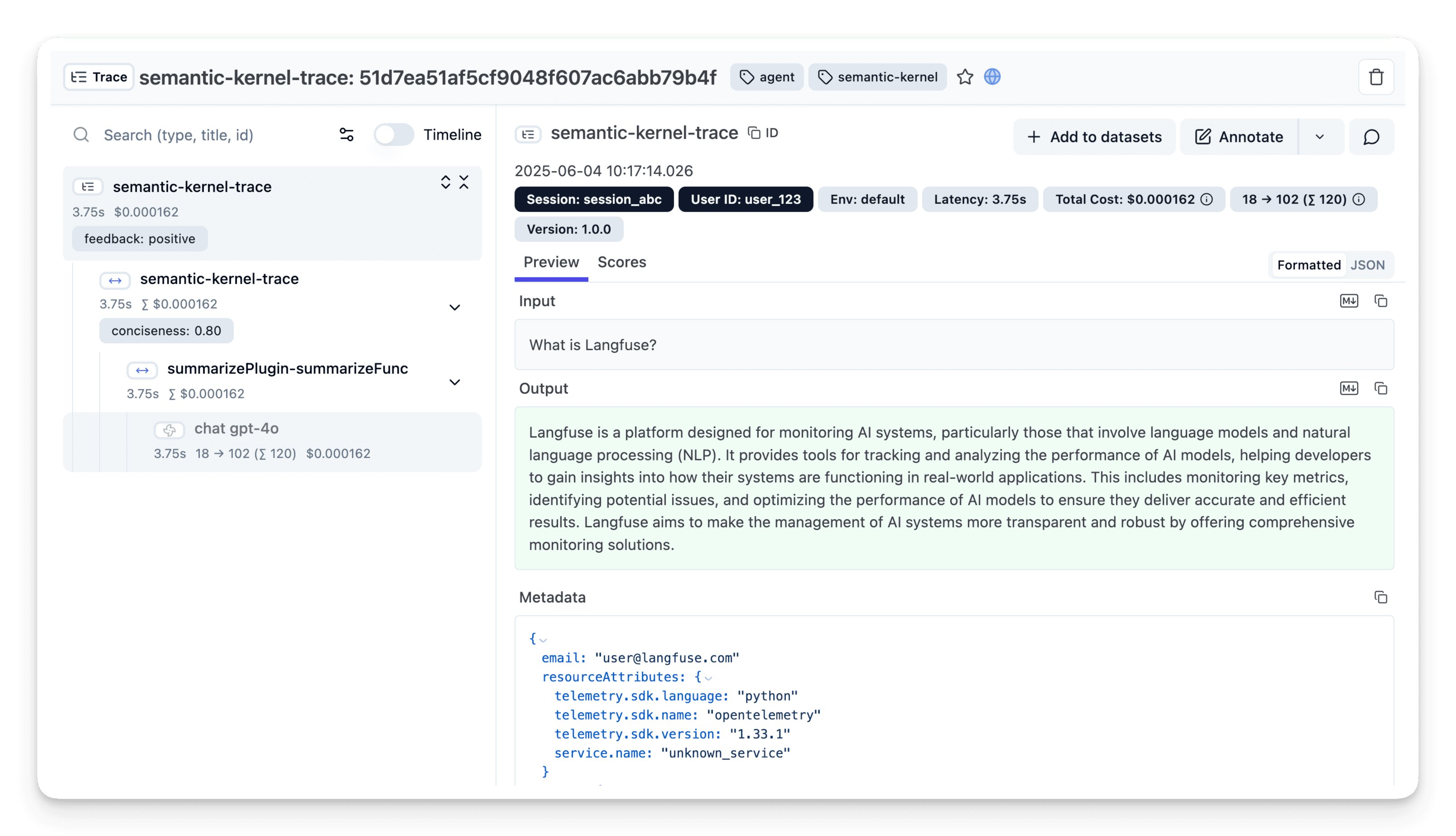 Langfuse Trace of Semantic Kernel Application